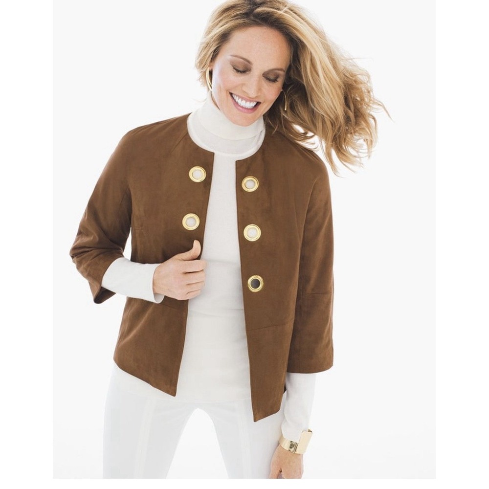 Chico's Brown Lined Open Front W/ Gold Grommets Jacket Size 1 418